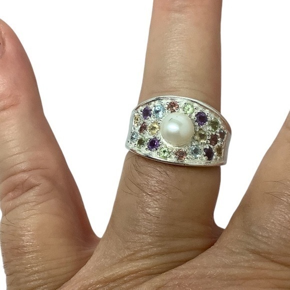 Sterling silver pearl multi-color gemstone ring
